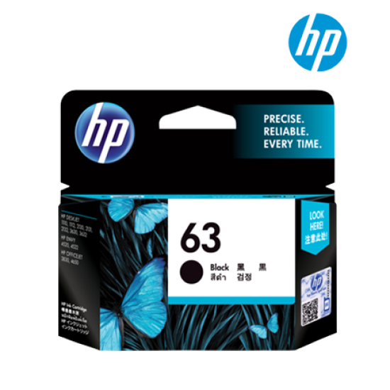 HP 63 Black Ink Cartridge (F6U62AA, 22pl Ink Drop, Up to 190pgs, For DeskJet K7B87A, F5S41A)