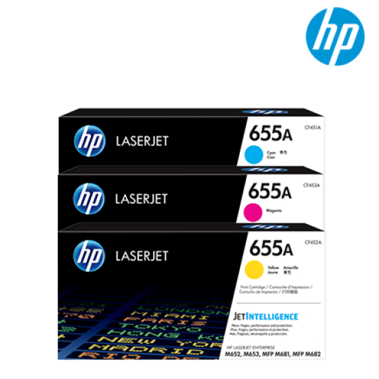 HP 655A Color Toner Cartridge (CF451A(C), CF453A(M), CF452A(Y), 10,500 Pages Yield, For M652)