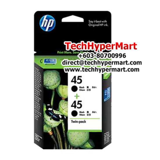 HP 45 2-pack Black Original Ink Cartridges (CC625AA) (Pigment-based, 930 Pages Yield)