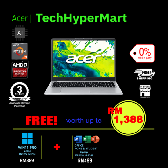 Acer Aspire Lite AL15-46P-R8LD-16-1-W11P-EPP 15.6" Laptop/ Notebook (Ryzen 3 5400U, 16GB, 1TB, AMD Radeon, W11P, Off H&S + Off 365 Basic, AI)