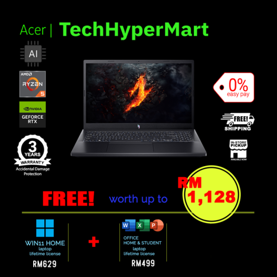 Acer Nitro V15 ANV15-41-R0DZ-1-W11-EPP 15.6" Laptop/ Notebook (Ryzen 5 6600H, 8GB, 1TB, NV RTX3050, W11H, Off H&S + Off 365 Basic, 165Hz, AI Chip)