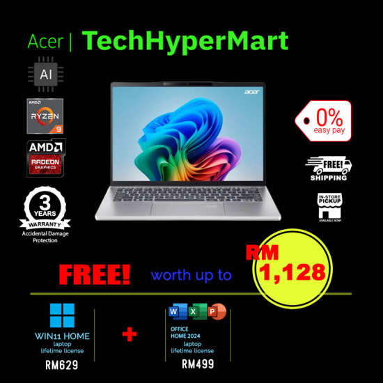 Acer Swift 14 AI SF14-61T-R5C2-2-W11-EPP 14" Laptop/ Notebook (Ryzen AI 9 365, 32GB, 2TB, AMD Radeon, W11H, Off Home 2024 + Off 365 Basic, AI Chip)