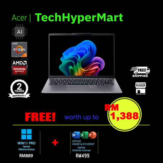 Acer Swift Go 14 AI SFG14-64-R5CN-W11P 14" Laptop/ Notebook (Ryzen AI 7 350, 16GB, 1TB, AMD Radeon, W11P, Off Home 2024 + Off 365 Basic, AI Chip)