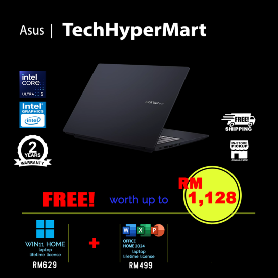 Asus Vivobook A1407C-ALY145WSP 14" Laptop/ Notebook (Ultra 5 225H, 16GB, 512GB, Intel, W11H, Off Home 2024 + Off 365 Basic)