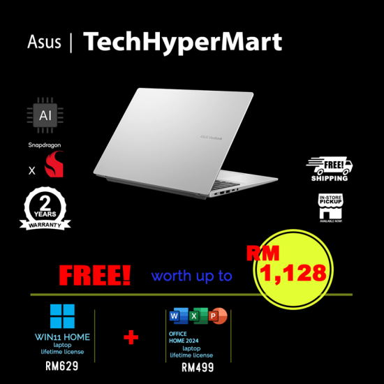 Asus Vivobook A1607Q-AMB156WS 16" Laptop/ Notebook (Snapdragon X X1 26 100, 16GB, 512GB, Qualcomm Adreno, W11H, Off Home 2024 + Off 365 Basic, AI)
