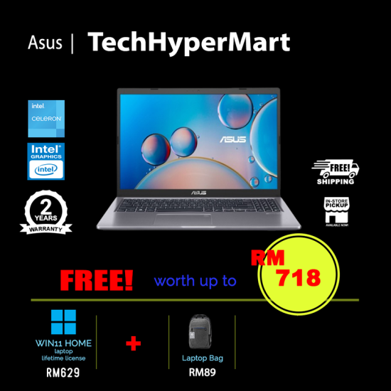 Asus A516M-ABR647W-8-W11 15.6" Laptop/ Notebook (N4020, 8GB, 256GB, Intel, W11H)