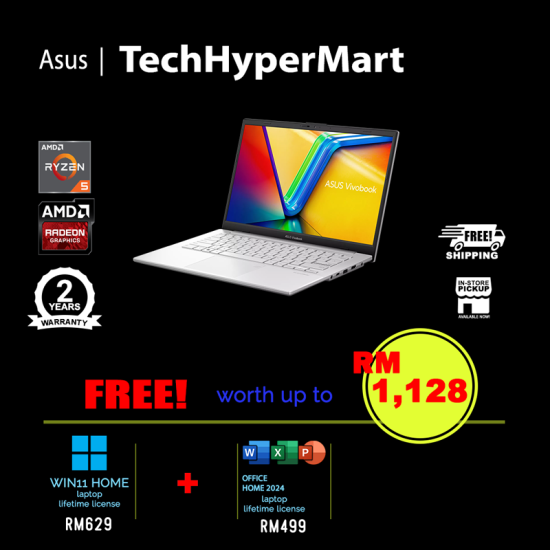 Asus Vivobook Go E1404F-AEB081WSP 14" Laptop/ Notebook (Ryzen 5 40, 8GB, 512GB, AMD Radeon, W11H, Off Home 2024 + Off 365 Basic)
