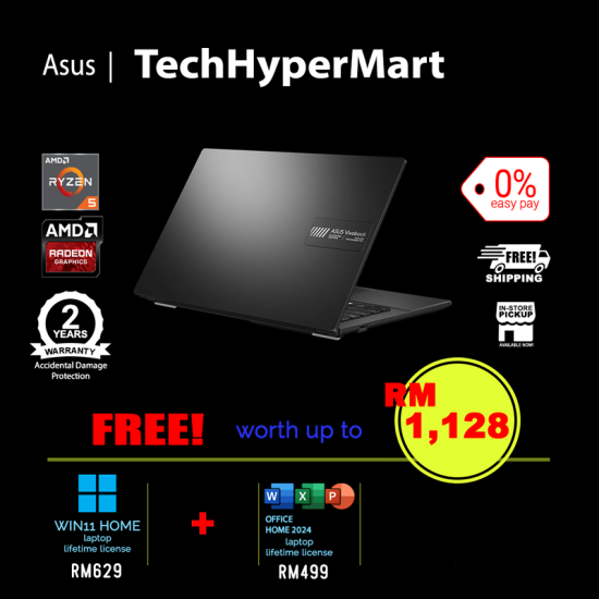 Asus Vivobook Go E1404F-AEB150WS-1-W11-EPP 14" Laptop/ Notebook (Ryzen 5 40, 16GB, 1TB, AMD Radeon, W11H, Off Home 2024 + Off 365 Basic)