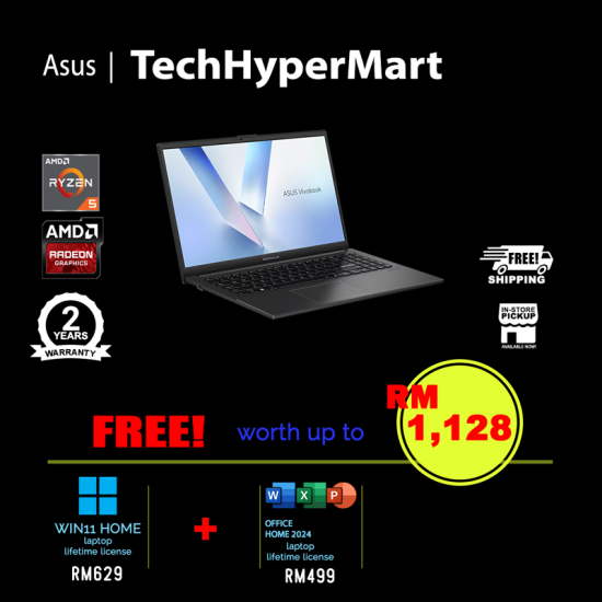 Asus Vivobook Go E1504F-ABQ060WS 15.6" Laptop/ Notebook (Ryzen 5 40, 16GB, 256GB, AMD Radeon, W11H, Off Home 2024 + Off 365 Basic)
