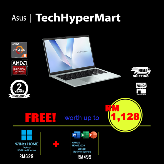 Asus Vivobook Go E1504F-ABQ062WS 15.6" Laptop/ Notebook (Ryzen 5 40, 16GB, 256GB, AMD Radeon, W11H, Off Home 2024 + Off 365 Basic)