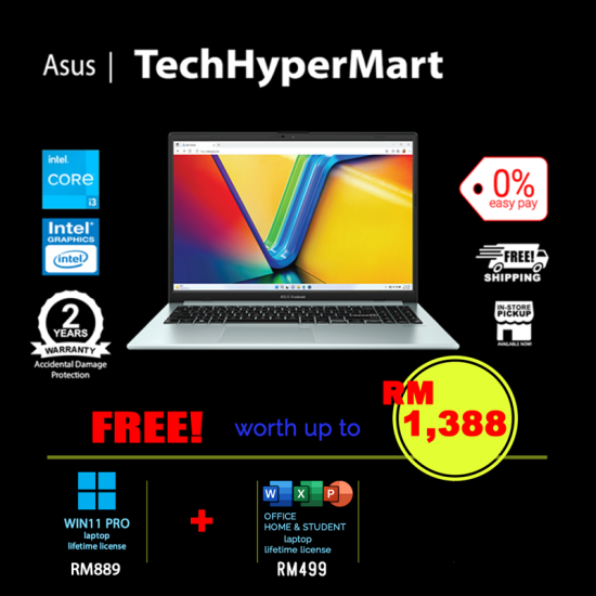 Asus Vivobook Go E1504G-ANJ327WSM-1-W11P-EPP 15.6" Laptop/ Notebook (i3-N305, 8GB, 1TB, Intel, W11P, Off H&S + Off 365 Basic) Asus Vivobook Go E1504G-ANJ327WSM-1-W11P-EPP 15.6" Laptop/ Notebook (i3-N305, 8GB, 1TB, Intel, W11P, Off H&S + Off 365 Basic)