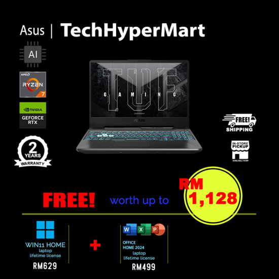Asus TUF A15 FA506N-CGHN777WS-16-W11 15.6" Laptop/ Notebook (Ryzen 7 8845HS, 16GB, 512GB, NV RTX3050, W11H, Off Home 2024 + Off 365 Basic, 144Hz, AI)