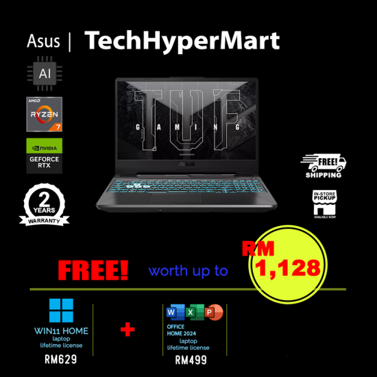 Asus TUF A15 FA506N-CQHN666WS-24-W11 15.6" Laptop/ Notebook (Ryzen 7 170, 24GB, 512GB, NV RTX3050, W11H, Off Home 2024 + Off 365 Basic, AI Chip)