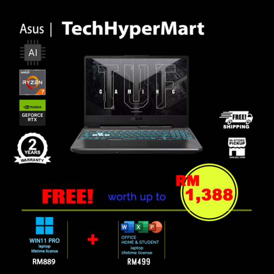 Asus TUF A15 FA506N-CQHN666WS-32-W11P 15.6" Laptop/ Notebook (Ryzen 7 170, 32GB, 512GB, NV RTX3050, W11P, Off Home 2024 + Off 365 Basic, AI Chip)