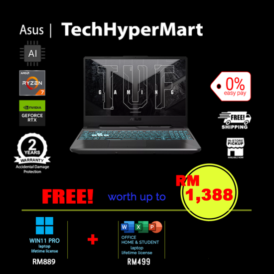 Asus TUF A15 FA506N-CQHN666WS-1-W11P-EPP 15.6" Laptop/ Notebook (Ryzen 7 170, 16GB, 1TB, NV RTX3050, W11P, Off Home 2024 + Off 365 Basic, AI Chip)