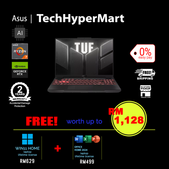 Asus TUF A16 FA607N-UQRL788WS-16-1-W11-EPP 16" Laptop/ Notebook (Ryzen 7 170, 16GB, 1TB, NV RTX4050, W11H, Off Home 2024 + Off 365 Basic, 144Hz, AI)