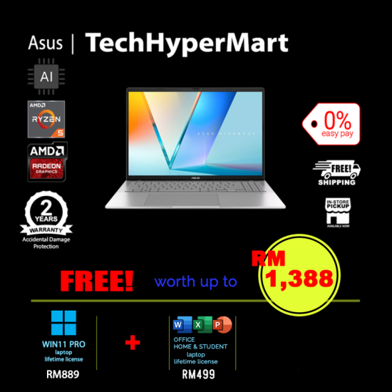 Asus Vivobook S M3607H-ASH321WS-1-W11P-EPP 16" Laptop/ Notebook (Ryzen 5 220, 16GB, 1TB, AMD Radeon, W11P, Off Home 2024 + Off 365 Basic, AI)
