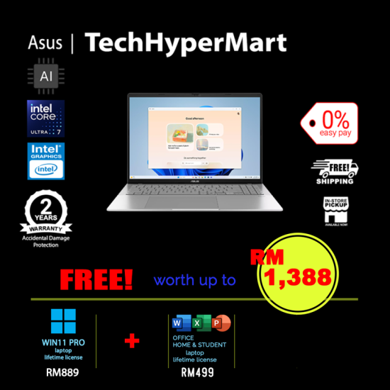 Asus Vivobook S S3607A-ASH032WSP-1-W11P-EPP 16" Laptop/ Notebook (Ultra 7 355, 16GB, 1TB, Intel, W11P, Off Home 2024 + Off 365 Basic, AI)