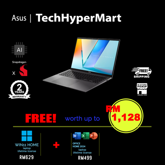 Asus Vivobook S16 S3607Q-ASH077WS 16" Laptop/ Notebook (Snapdragon X, 16GB, 512GB, Qualcomm Adreno, W11H, Off Home 2024 + Off 365 Basic, AI)