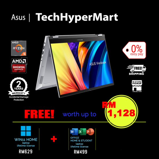 Asus Vivobook S14 Flip TN3402Y-ALZ308WS-16-1-W11-EPP 14" Laptop/ Notebook (Ryzen 5 7430U, 16GB, 1TB, AMD Radeon, W11H, Off H&S, Touchscreen, Pen)