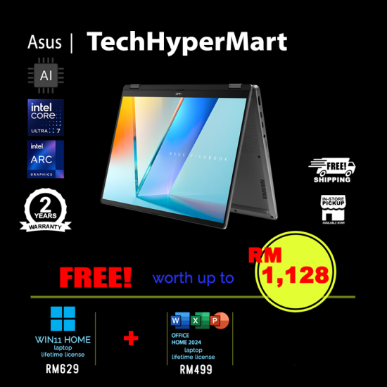 Asus Vivobook Flip TP3407S-AQL028WS 14" Laptop/ Notebook (Ultra 7 258V, 32GB, 1TB, Intel Arc, W11H, Off Home 2024 + Off 365 Basic, Touchscreen, AI Chip) Asus Vivobook Flip TP3407S-AQL028WS 14" Laptop/ Notebook (Ultra 7 258V, 32GB, 1TB, Intel Arc, W11H, Off Home 2024 + Off 365 Basic, Touchscreen, AI Chip)