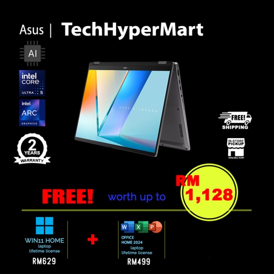 Asus Vivobook Flip TP3407S-ASG149WS 14" Laptop/ Notebook (Ultra 5 226V, 16GB, 512GB, Intel Arc, W11H, Off Home 2024 + Off 365 Basic, Touchscreen, AI Chip)