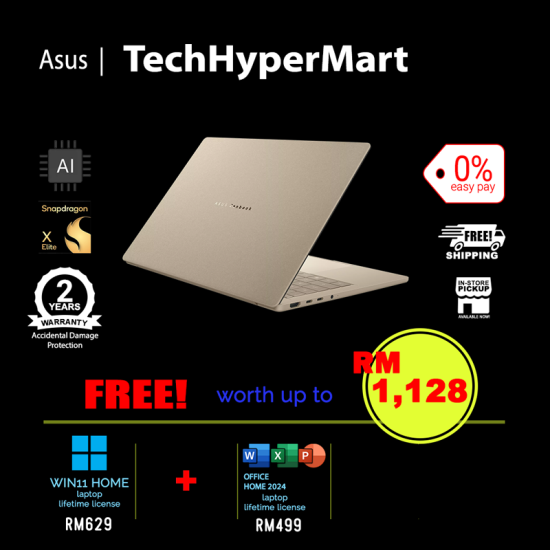 Asus Zenbook A UX3407N-AQD991WS-1-W11-EPP 14" Laptop/ Notebook (Snapdragon X2 Elite X2E88100, 16GB, 1TB, Qualcomm Adreno, W11H, Off Home 2024 + Off 365 Basic, AI Chip)
