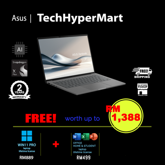 Asus Zenbook A14 UX3407Q-ASB0228WS-W11P 14" Laptop/ Notebook (Snapdragon X X1 26 100, 32GB, 1TB, Qualcomm Adreno, W11P, Off Home 2024 + Off 365 Basic, AI Chip) Asus Zenbook A14 UX3407Q-ASB0228WS-W11P 14" Laptop/ Notebook (Snapdragon X X1 26 100, 32GB, 1TB, Qualcomm Adreno, W11P, Off Home 2024 + Off 365 Basic, AI Chip)