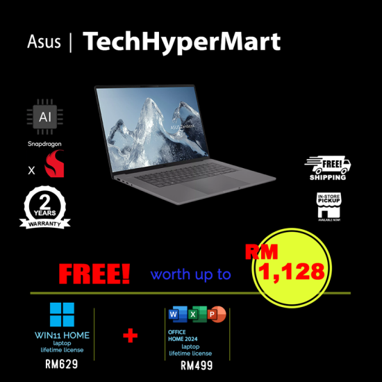Asus Zenbook UX3607Q-ASH092WSP 16" Laptop/ Notebook (Snapdragon X, 16GB, 1TB, Qualcomm Adreno, W11H, Off Home 2024 + Off 365 Basic, AI)