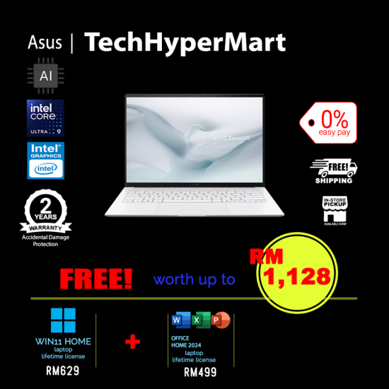 Asus Zenbook UX5406A-ASU393WS-1-W11-EPP 14" Laptop/ Notebook (Ultra 9 386H, 32GB, 1TB, Intel, W11H, Off Home 2024 + Off 365 Basic, Touch, AI)