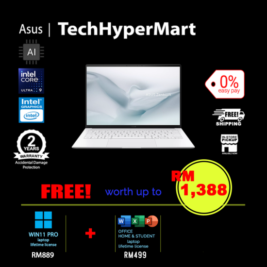 Asus Zenbook UX5406A-ASU393WS-1-W11P-EPP 14" Laptop/ Notebook (Ultra 9 386H, 32GB, 1TB, Intel, W11P, Off Home 2024 + Off 365 Basic, Touch, AI)