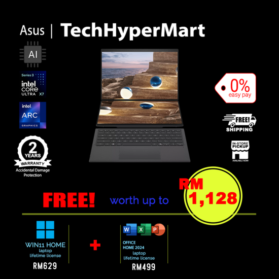 Asus Zenbook Duo UX8407A-ASN358WS-2-W11-EPP 14" Laptop/ Notebook (Ultra X7 358H, 32GB, 2TB, Intel Arc, W11H, Off Home 2024 + Off 365 Basic, Touch, AI)