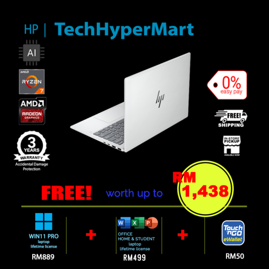 HP OmniBook 7 AeroNGAI 13-bg1053AU-1-W11P-EPP 13.3" Laptop/ Notebook (Ryzen AI 7 350, 16GB, 1TB, AMD Radeon, W11P, Off Home 2024 + Off 365 Basic, AI Chip)