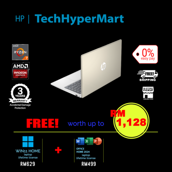 HP 14-em0302AU-1-W11-EPP 14" Laptop/ Notebook (Ryzen 7 7730U, 16GB, 1TB, AMD Radeon, W11H, Off Home 2024 + Off 365 Basic)