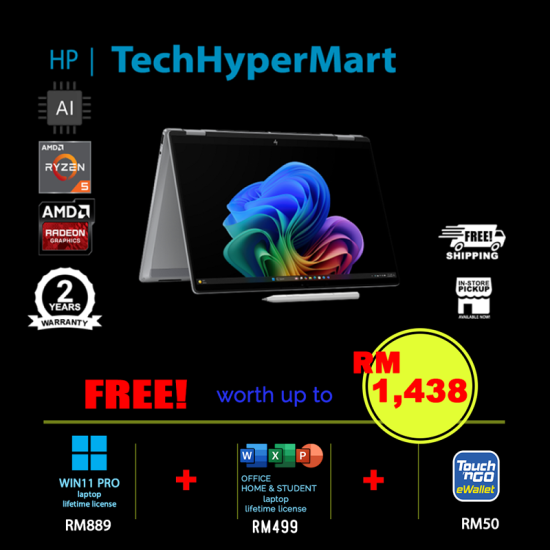 HP OmniBook X FlipNGAI 14-fk0118AU-W11P 14" Laptop/ Notebook (Ryzen AI 5 340, 16GB, 512GB, AMD Radeon, W11P, Off Home 2024 + Off 365 Basic, Touch, AI Chip)