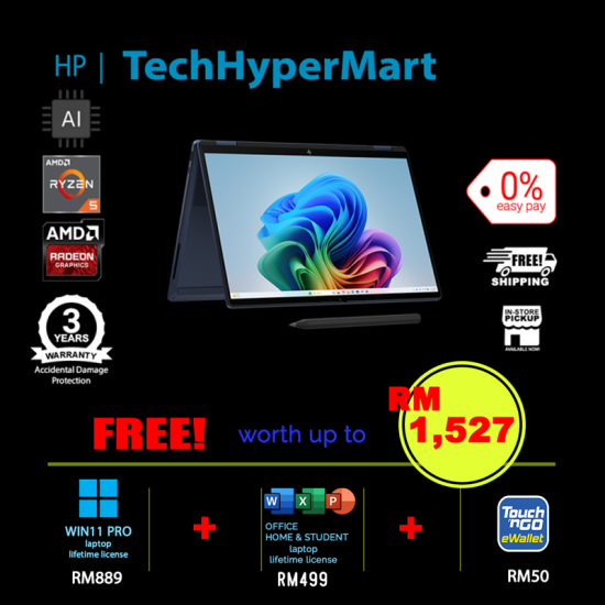 HP OmniBook X Flip 2-in-1 NGAI 14-kc0087AU-1-W11P-EPP 14" Laptop/ Notebook (Ryzen AI 5 435, 16GB, 1TB, AMD Radeon, W11P, Off Home 2024 + Off 365 Basic, Touch, AI)