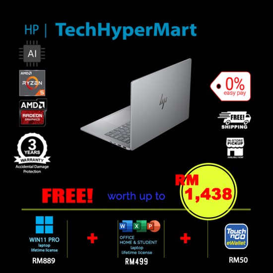HP OmniBook 7 AI 14-kk0007AU-1-W11P-EPP 14" Laptop/ Notebook (Ryzen 5 240, 16GB, 1TB, AMD Radeon, W11P, Off Home 2024 + Off 365 Basic, AI)