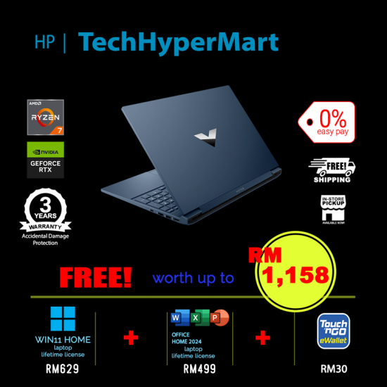 HP Victus 15-fb3257AX-32-1-W11-EPP 15.6" Laptop/ Notebook (Ryzen 7 7445HS, 32GB, 1TB, NV RTX3050, W11H, Off Home 2024 + Off 365 Basic, 144Hz)