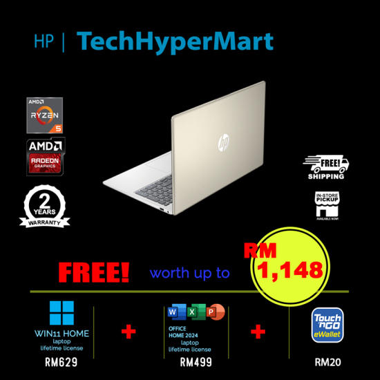 HP 15-fc0878AU 15.6" Laptop/ Notebook (Ryzen 5 7530U, 8GB, 512GB, AMD Radeon, W11H, Off Home 2024 + Off 365 Basic)
