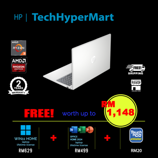 HP 15-fc0952AU 15.6" Laptop/ Notebook (Ryzen 3 7320U, 8GB, 512GB, AMD Radeon, W11H, Off Home 2024 + Off 365 Basic)