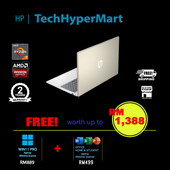 HP 15-fc0956AU-32-W11P 15.6" Laptop/ Notebook (Ryzen 7 7730U, 32GB, 512GB, AMD Radeon, W11P, Off Home 2024 + Off 365 Basic)