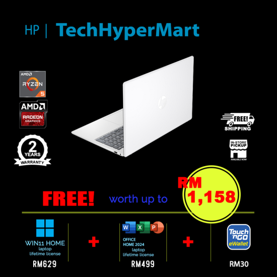 HP 15-fc1104AU-16-W11 15.6" Laptop/ Notebook (Ryzen 5 7535HS, 16GB, 512GB, AMD Radeon, W11H, Off Home 2024 + Off 365 Basic)