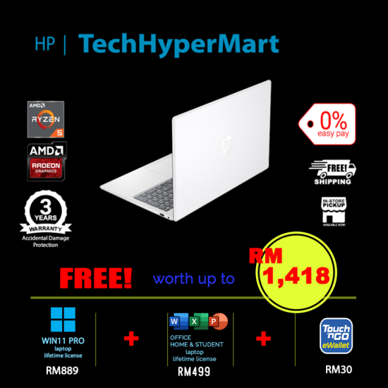 HP 15-fc1104AU-16-1-W11P-EPP 15.6" Laptop/ Notebook (Ryzen 5 7535HS, 16GB, 1TB, AMD Radeon, W11P, Off Home 2024 + Off 365 Basic)