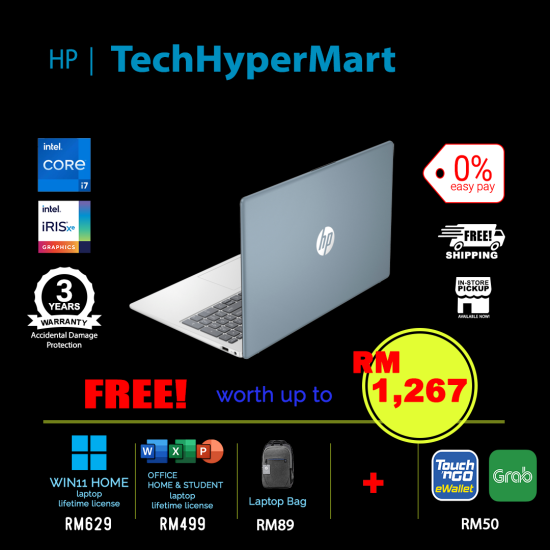 HP 15-fd0055TU-32-1-W11-EPP 15.6" Laptop/ Notebook (i7-1355U, 32GB, 1TB, Intel Iris Xe, W11H, Off H&S)