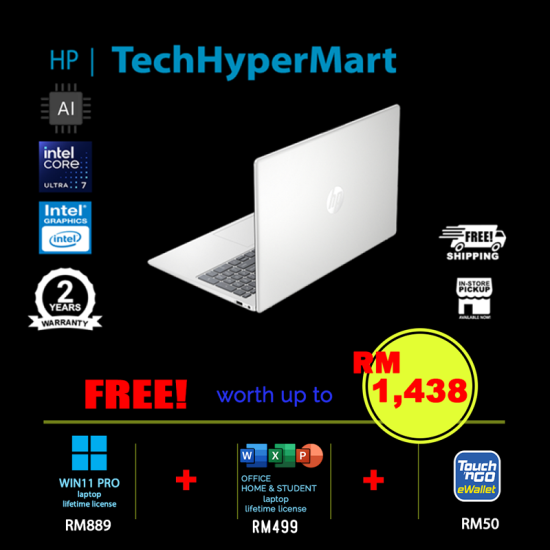 HP 15-fd2120TU-W11P 15.6" Laptop/ Notebook (Ultra 7 255U, 16GB, 512GB, Intel, W11P, Off Home 2024 + Off 365 Basic, AI)