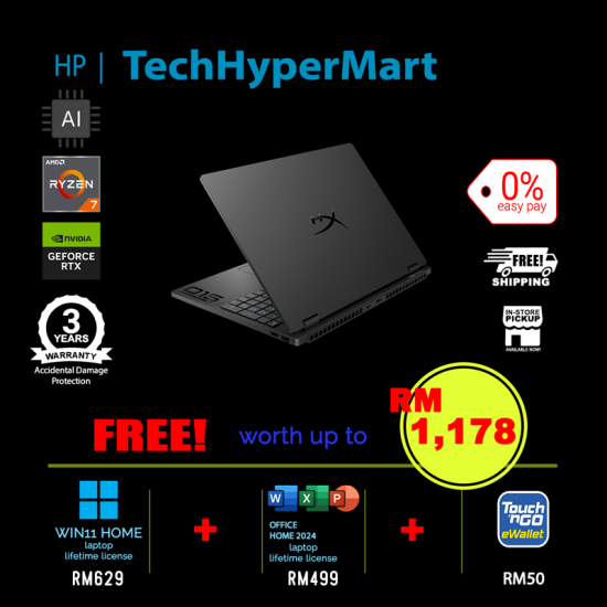 HP HyperX Omen 15-gb0187AX-1-W11-EPP 15.3" Laptop/ Notebook (Ryzen 7 8745HX, 16GB, 1TB, NV RTX5050, W11H, Off Home 2024 + Off 365 Basic, 165Hz, AI)