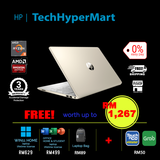 HP 15s-eq2196AU-24-1-W11-EPP 15.6" Laptop/ Notebook (Ryzen 3 5300U, 24GB, 1TB, AMD Radeon, W11H, Off H&S)