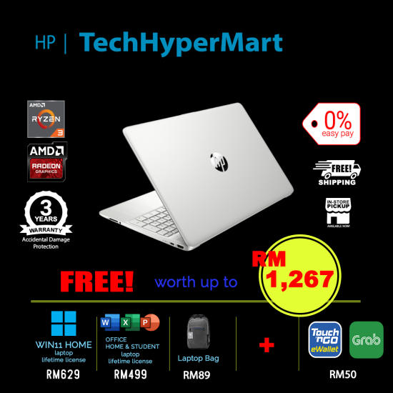 HP 15s-eq2197AU-24-1-W11 15.6" Laptop/ Notebook (Ryzen 3 5300U, 24GB, 1TB, AMD Radeon, W11H, Off H&S)