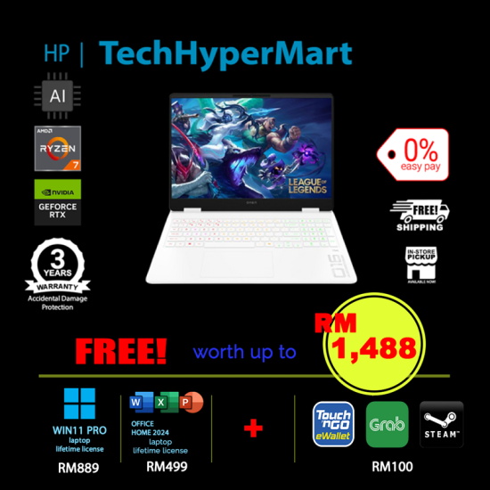 HP Omen 16-ap0057AX-1-W11P-EPP 16" Laptop/ Notebook (Ryzen AI 7 350, 16GB, 1tB, NV RTX5070, W11P, Off Home 2024 + Off 365 Basic, 144Hz, AI Chip)