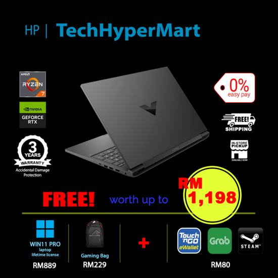 HP Victus 16-s0029AX-24-1-W11P-EPP 16.1" Laptop/ Notebook (Ryzen 7 7840HS, 24GB, 1TB, NV RTX4060, W11P, 144Hz)